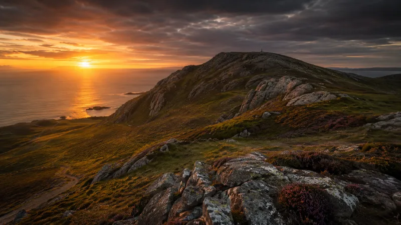 Holyhead Mountain, a heathered summit above Holy Island with cliff paths and open sea.